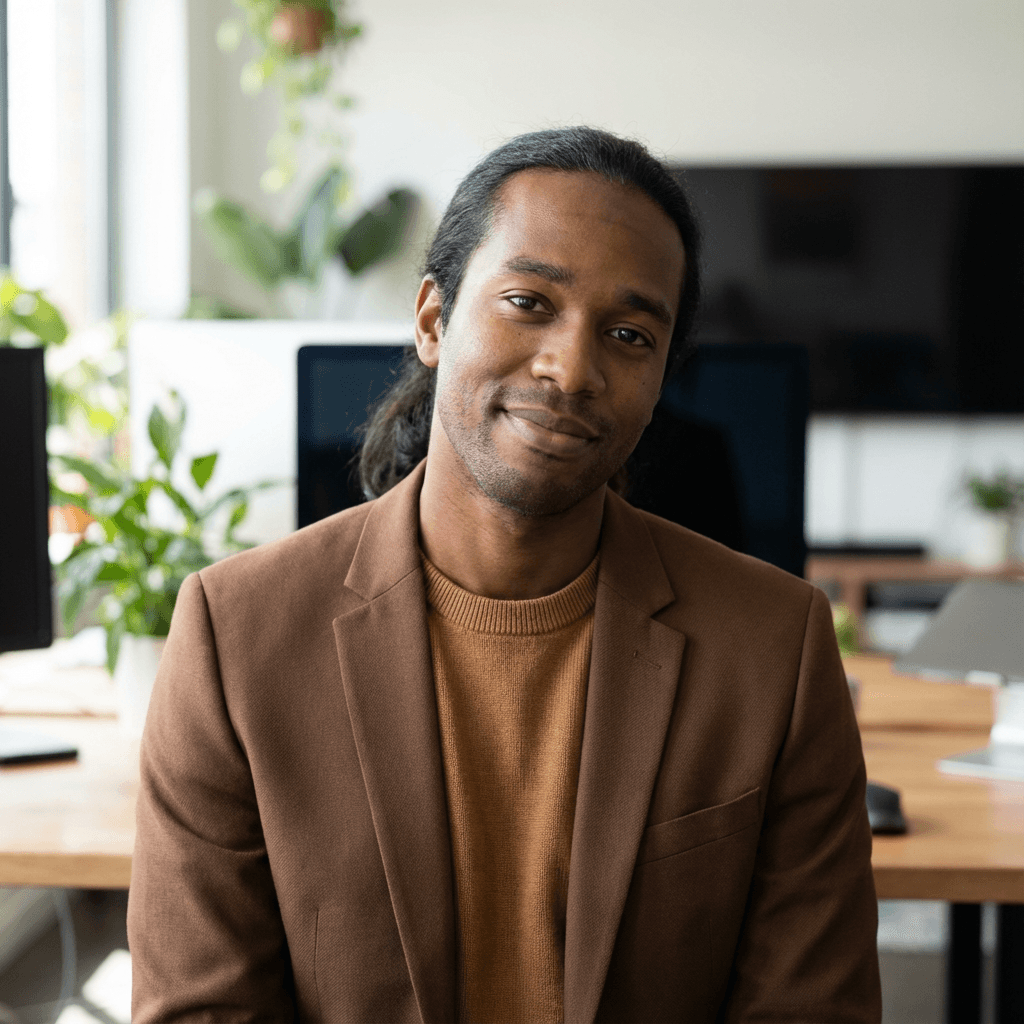 Male homeowner in his late 30s, Black, casual professional style