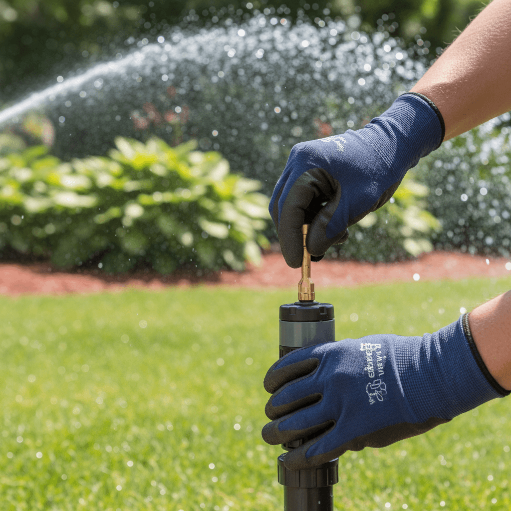 David inspecting an irrigation sprinkler head in a West Palm Beach yard